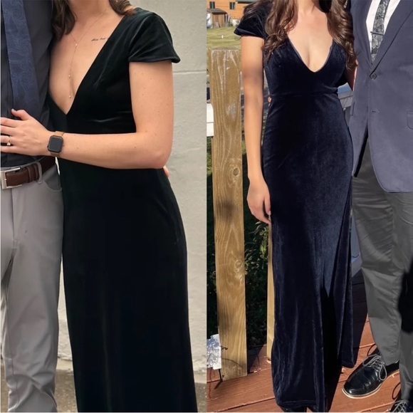 Navy Blue Velvet Deep V-Neck Cap-sleeve Maxi Dress 🌿 - Picture 7 of 12